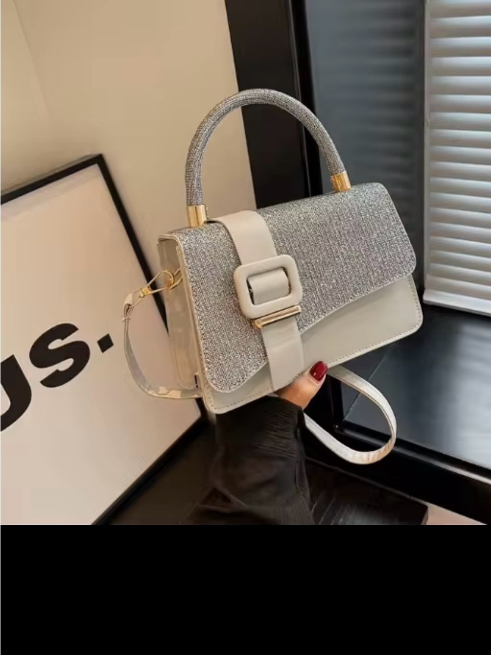 Chic Silver Glitter Top-Handle Satchel with Buckle Accent
